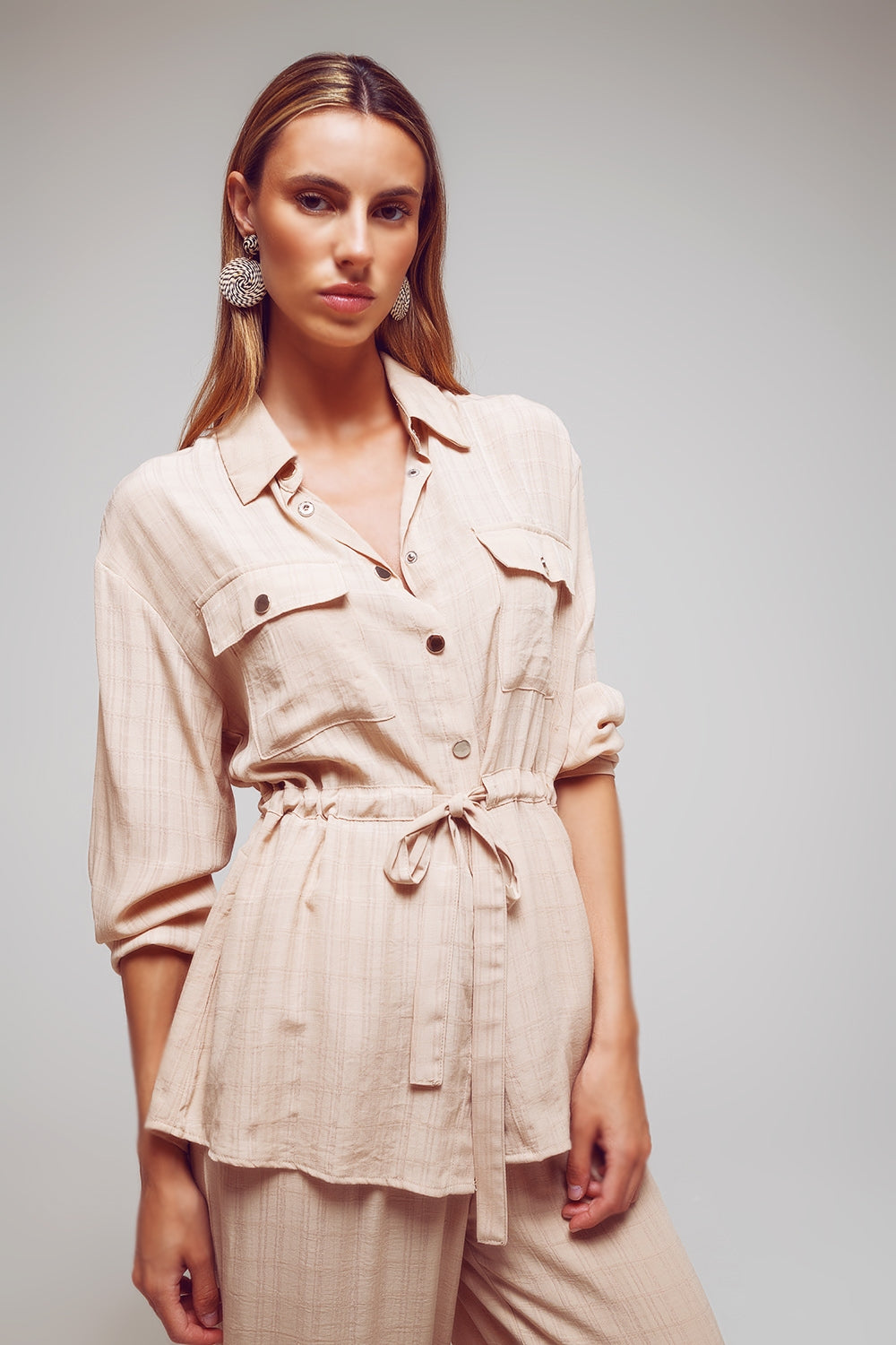 Tie waist long sleeve shirt in beige - Szua Store