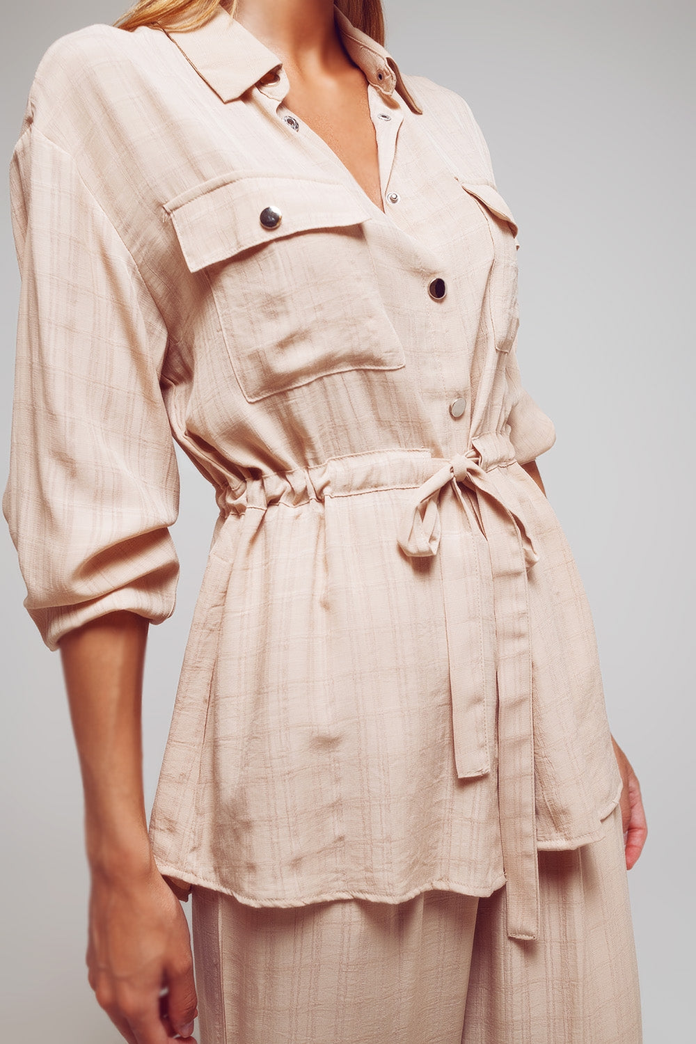 Tie waist long sleeve shirt in beige - Szua Store