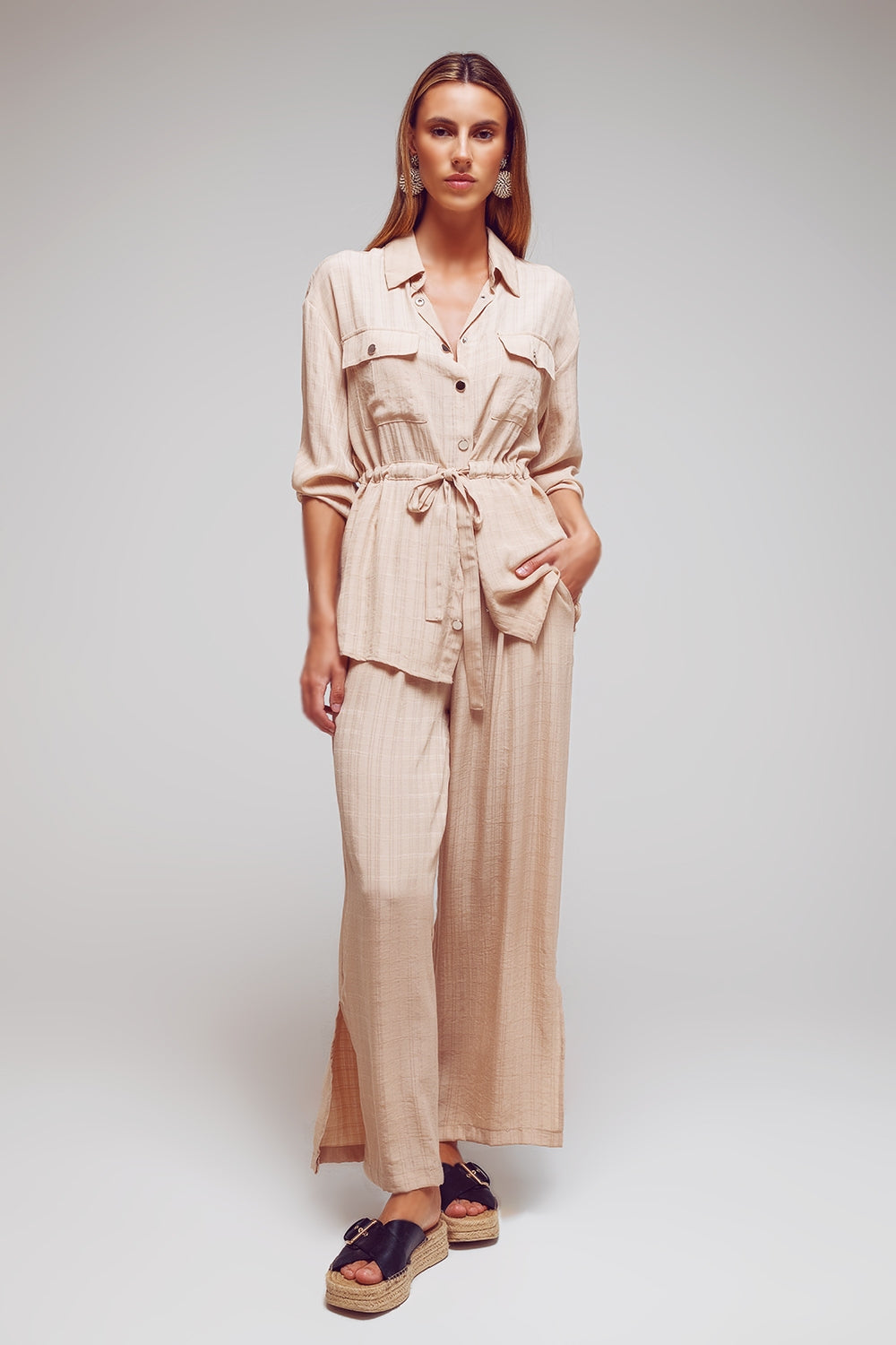 Tie waist long sleeve shirt in beige - Szua Store