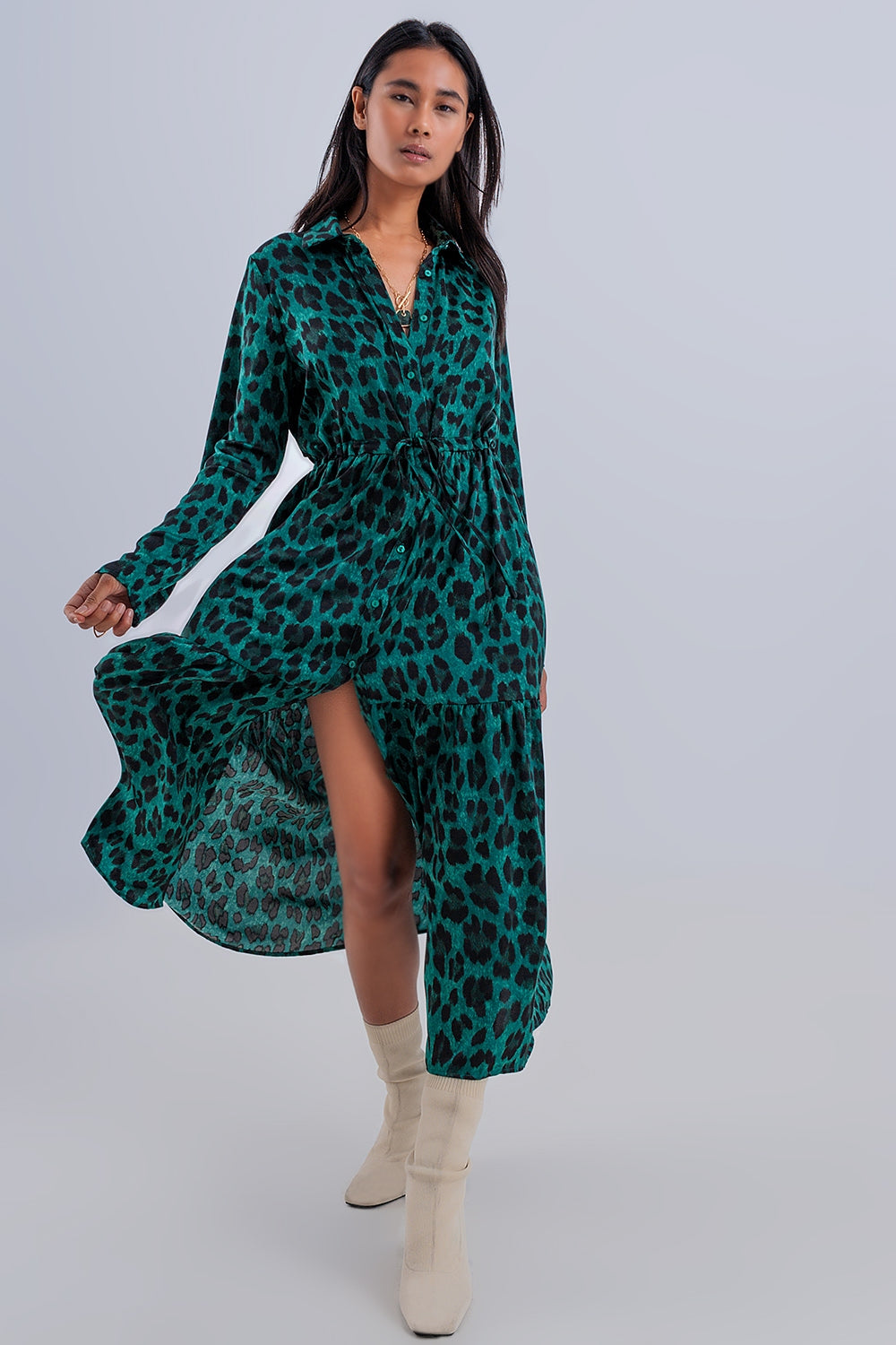 Tiered maxi dress in green animal print Szua Store