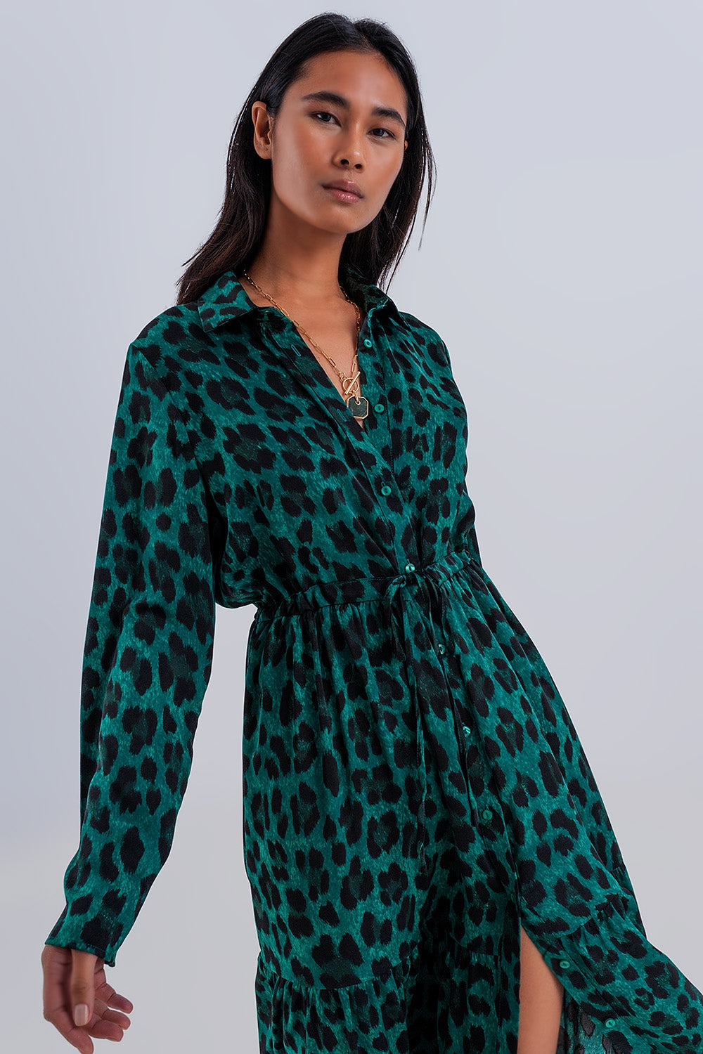 Tiered maxi dress in green animal print Szua Store