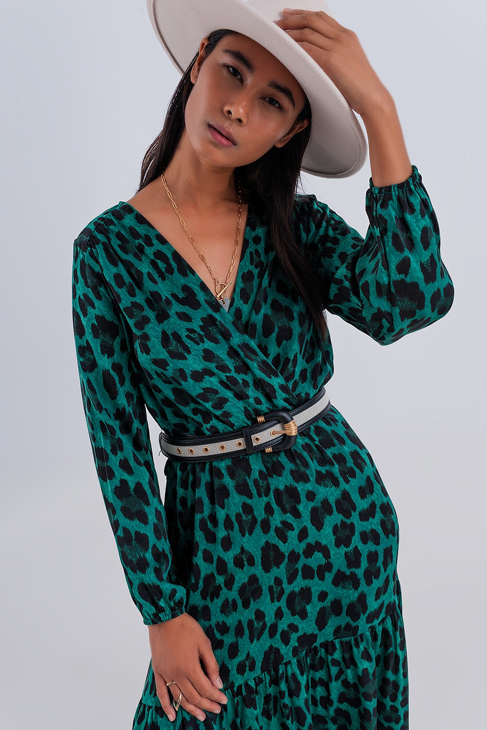 Tiered maxi wrap dress with long sleeve in green Szua Store