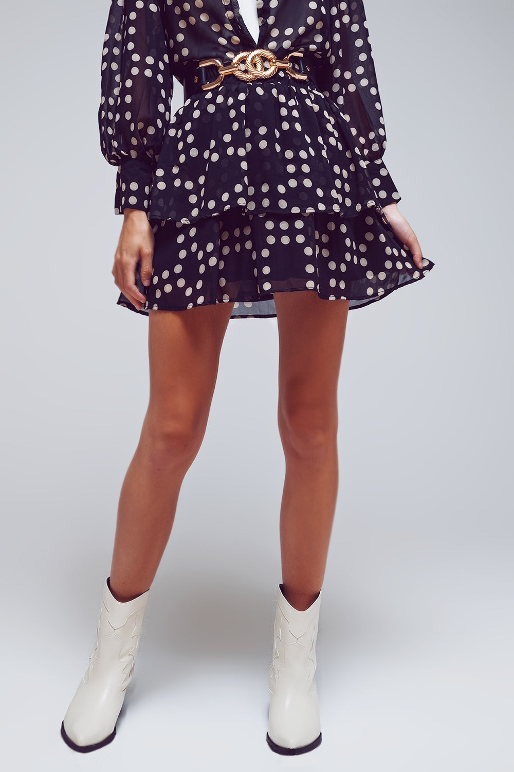 Q2 Tiered Mini Skirt in Black and Cream Polka Dots