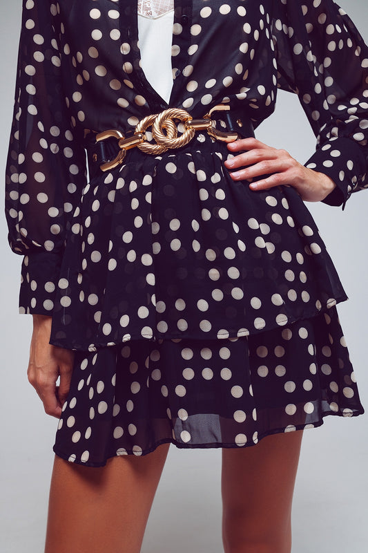 Tiered Mini Skirt in Black and Cream Polka Dots
