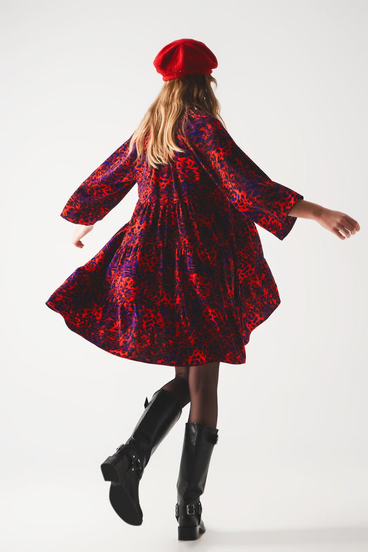 Tiered mini smock dress in animal print in red - Szua Store