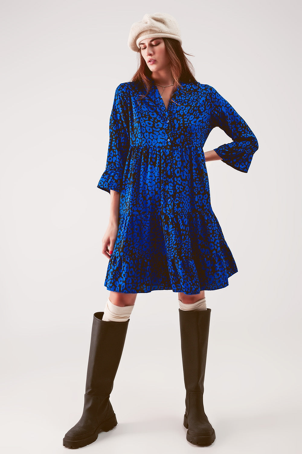 Tiered mini smock dress in blue animal print Szua Store