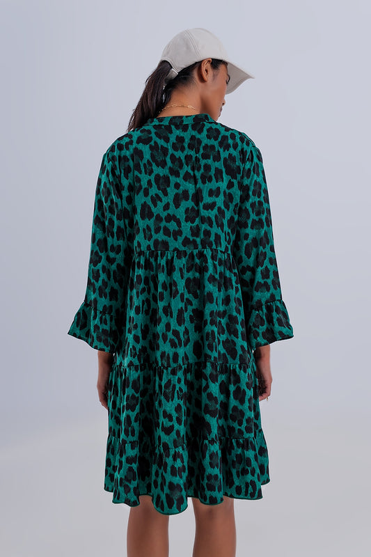 Tiered smock mini dress in green animal print Szua Store