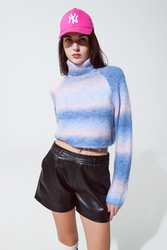 Q2 Turtleneck Sweater in Fluffy Knit in Blue And Pink Degrade