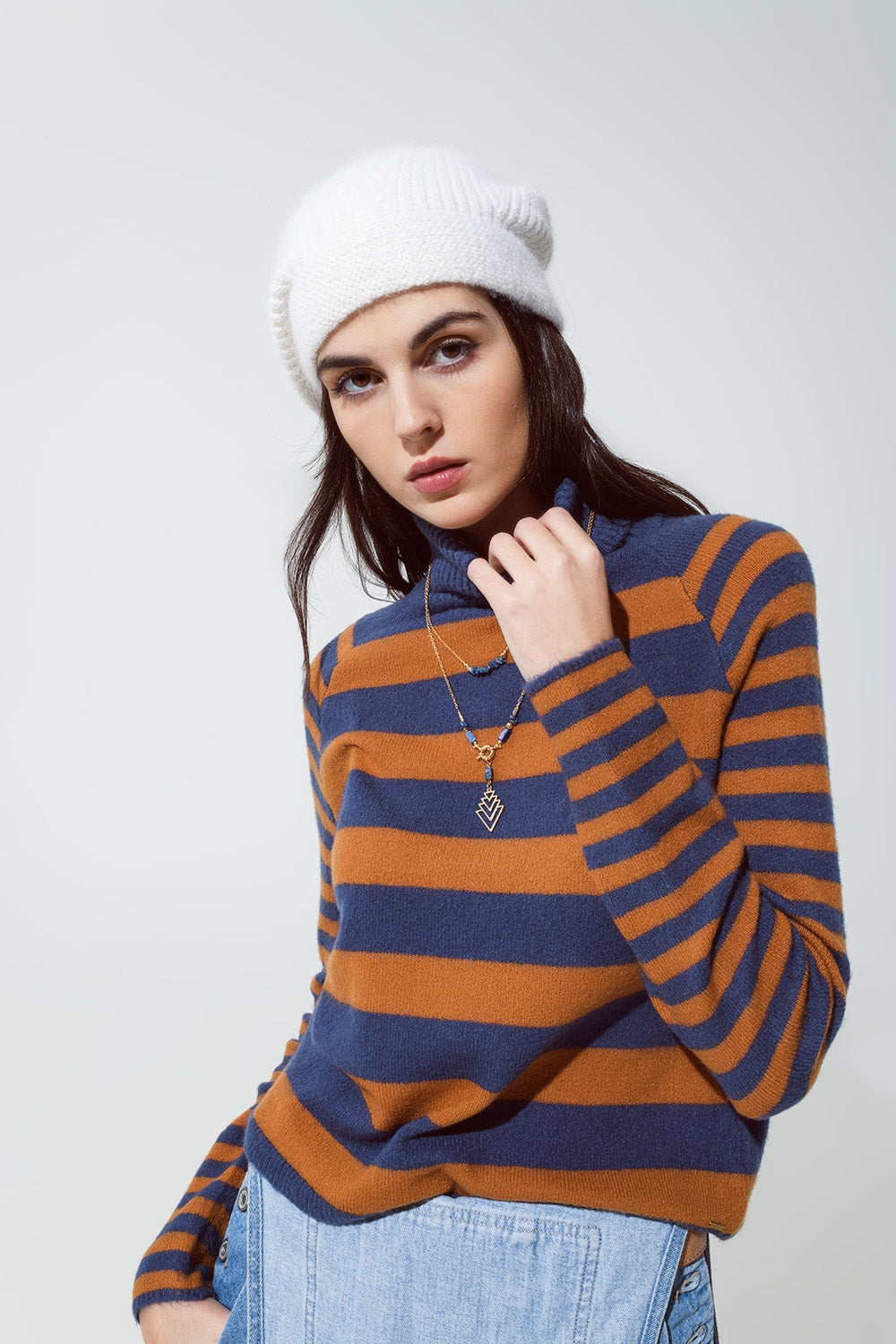 Turtleneck sweater with stripes in blue and brown