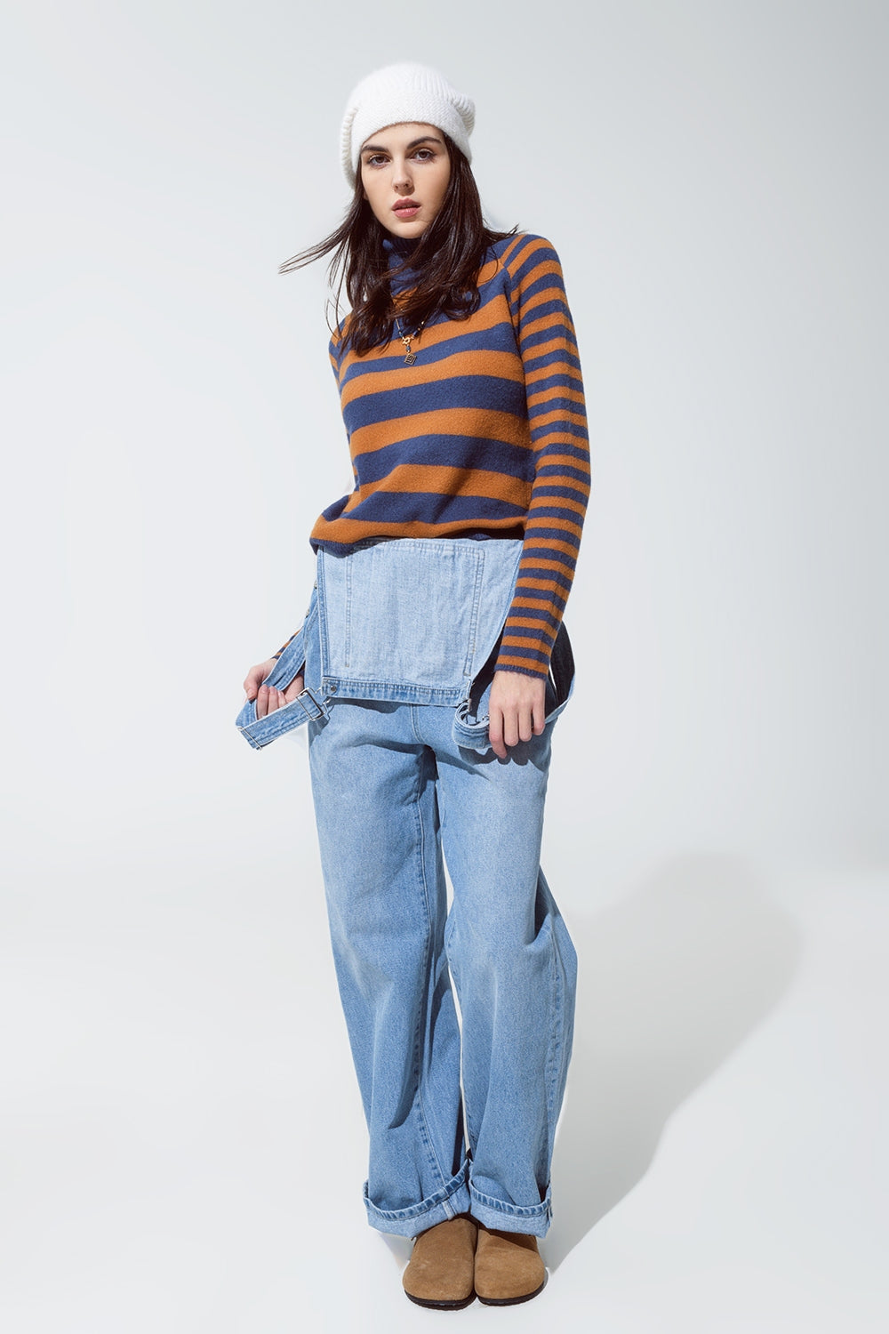 Turtleneck sweater with stripes in blue and brown