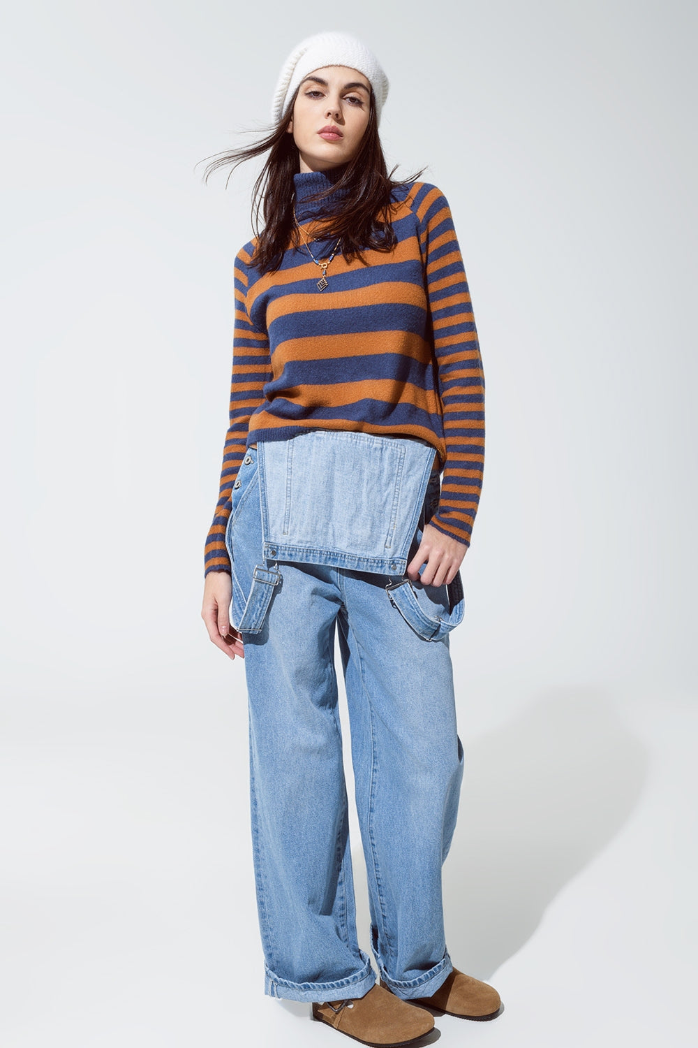 Turtleneck sweater with stripes in blue and brown