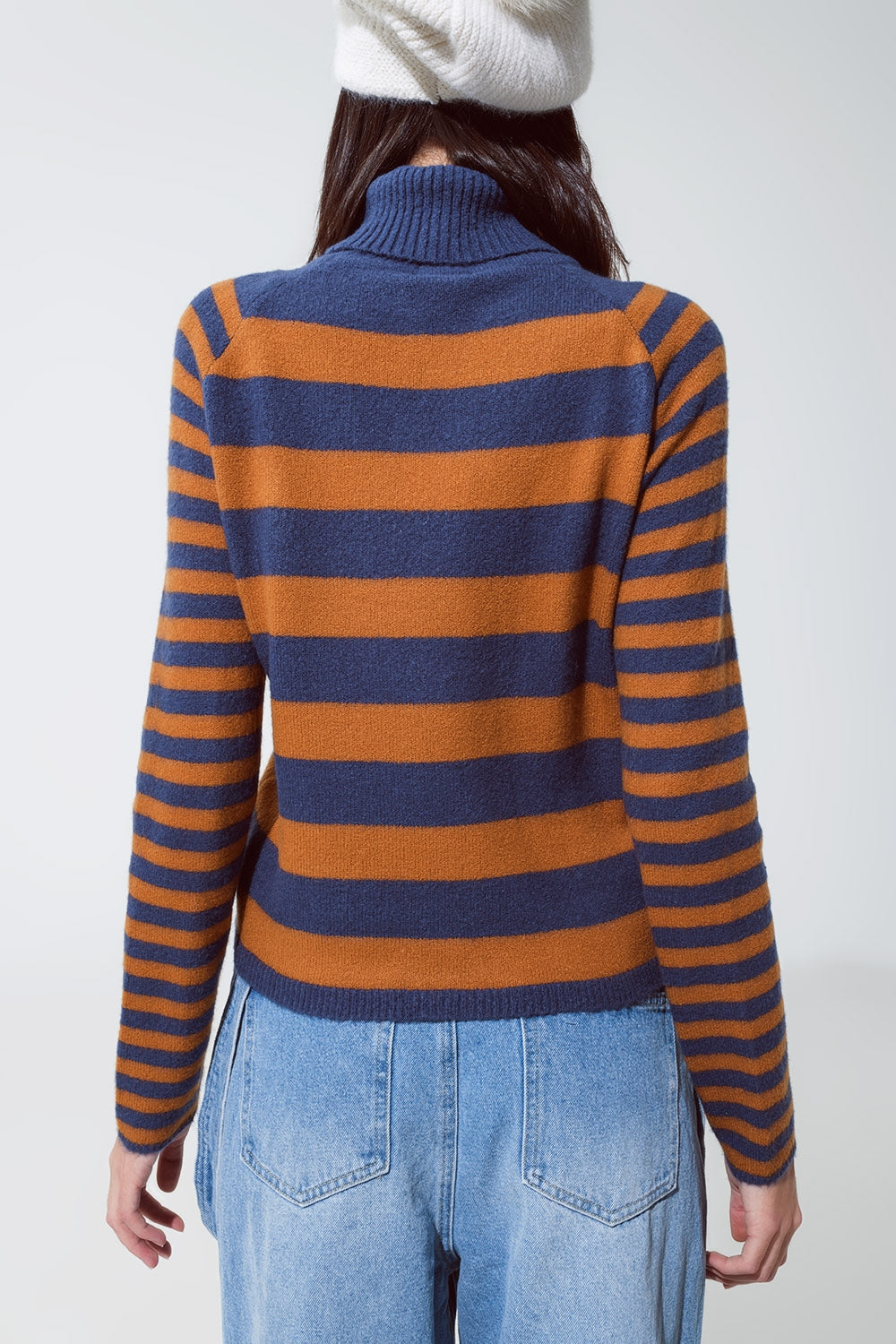 Turtleneck sweater with stripes in blue and brown