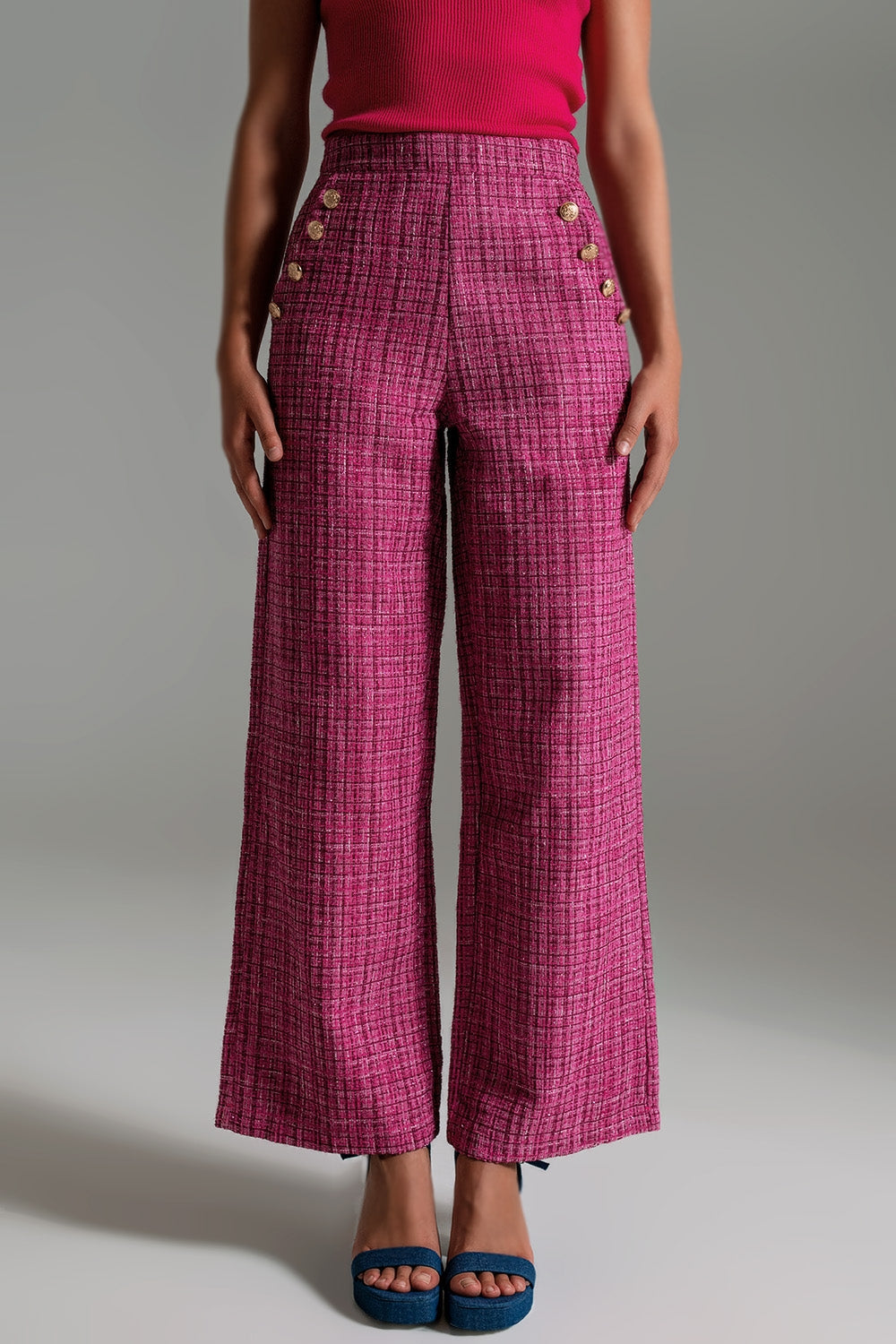 Q2 Tweed Marine Cut Pants With Button Details in Pink