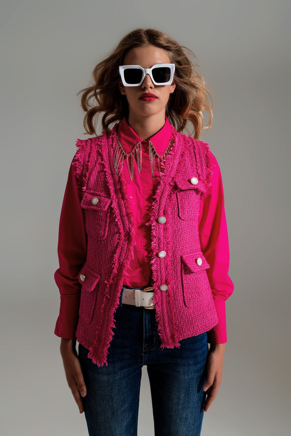 Tweed Vest With V-neckline And Distressed Details In Pink - Szua Store