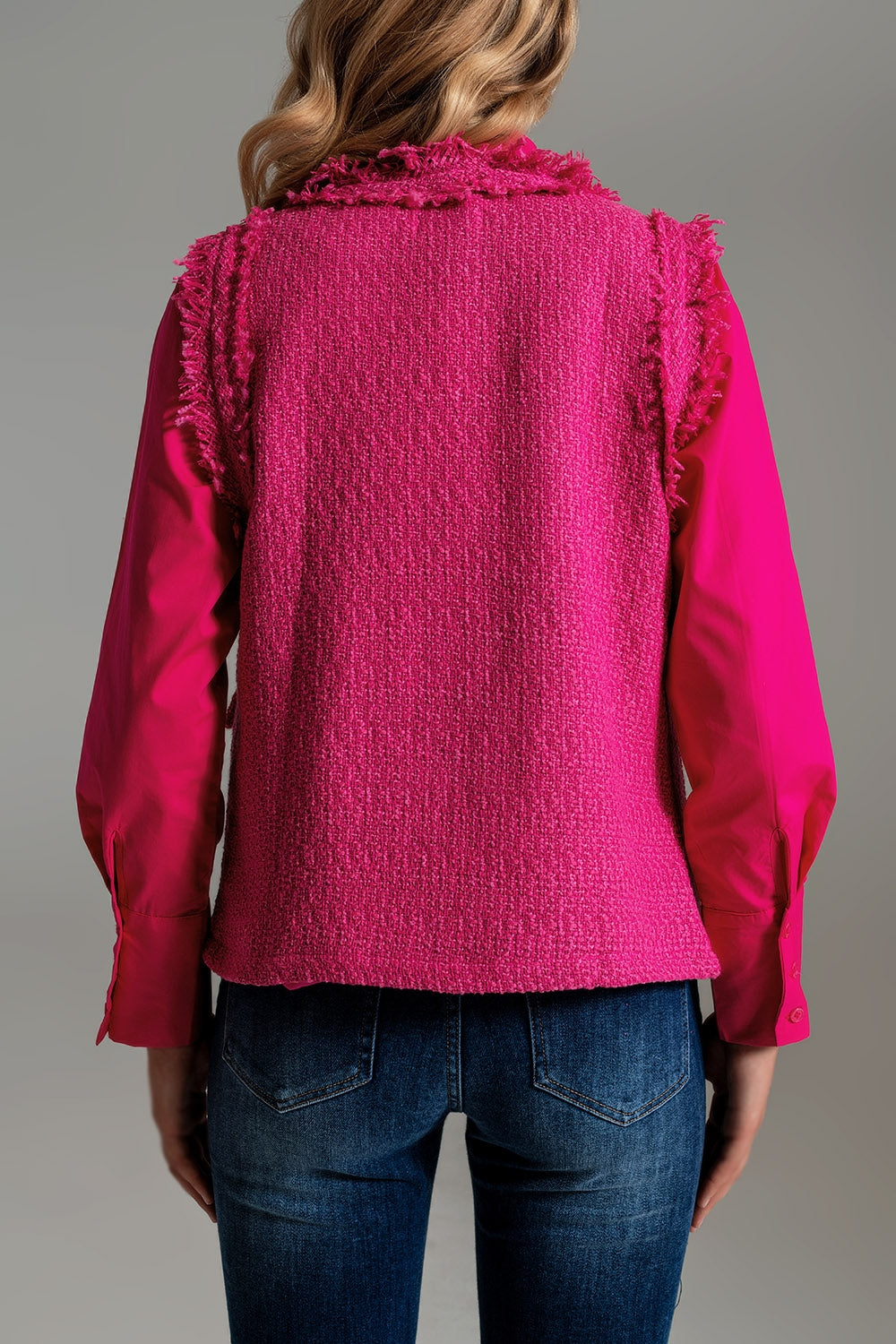 Tweed Vest With V-neckline And Distressed Details In Pink - Szua Store