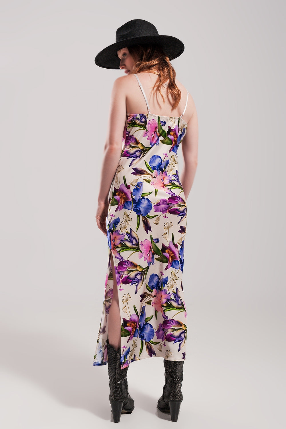 V back Satin midi dress in beige clashing floral print Szua Store