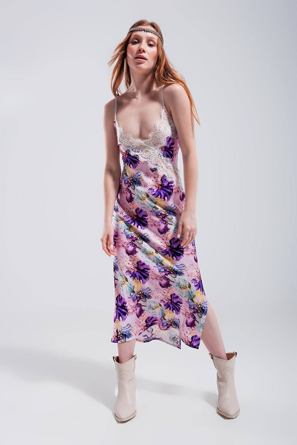 V back Satin midi dress in purple clashing floral print Szua Store