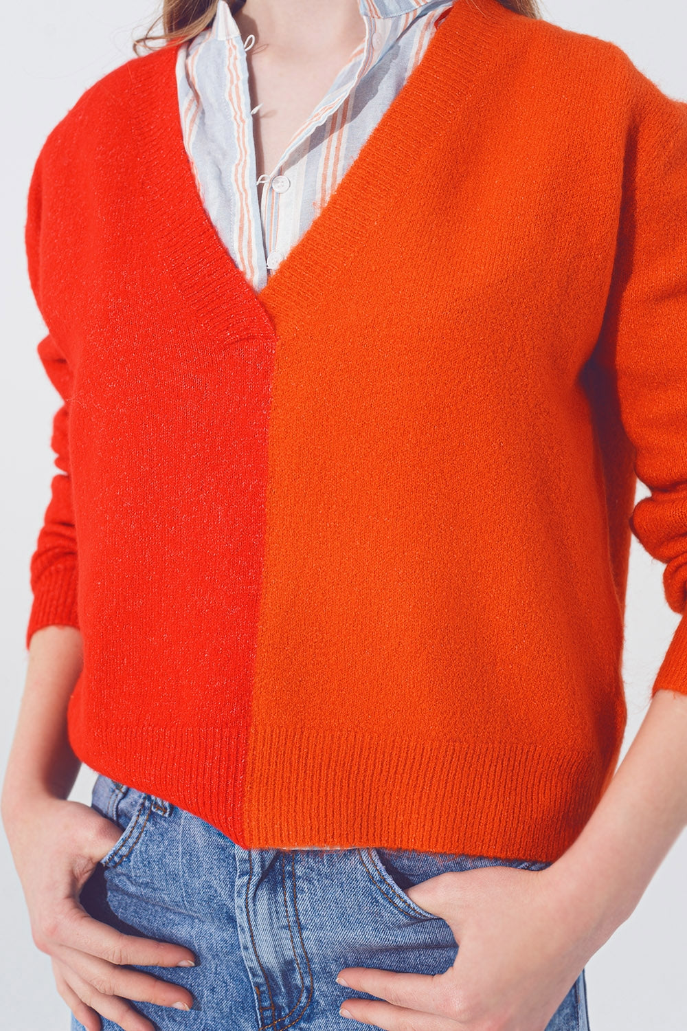 V Neck Colorblock Sweater in Red and Orange - Szua Store
