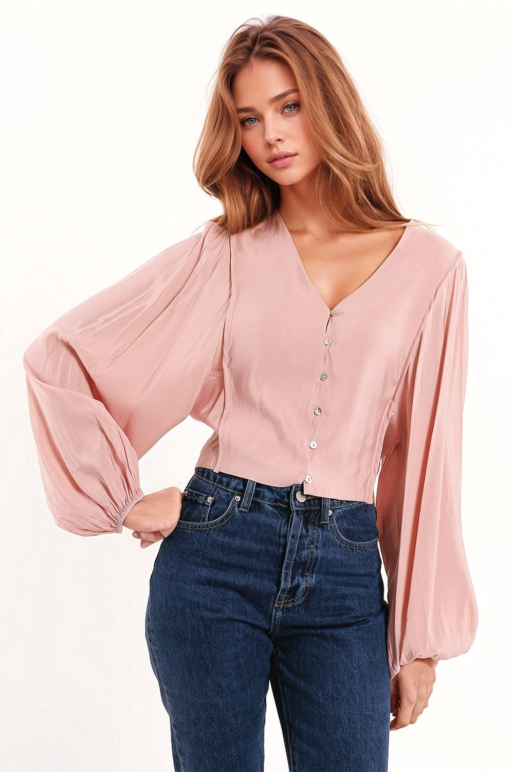 Q2 V-neck Cropped Shirt With Super Voluminous Sleeves in Pink