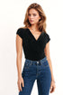 Q2 V-neck crossed drapped fitted top with cap sleeves in black