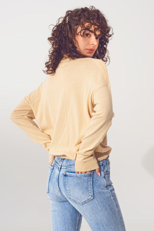 V neck fine knit sweater in beige - Szua Store