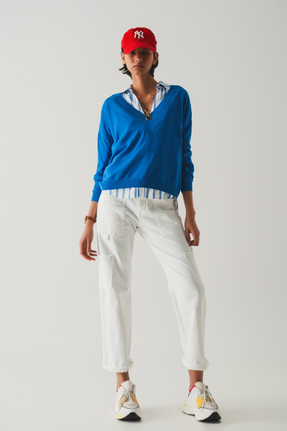 v neck fine knit sweater in blue - Szua Store