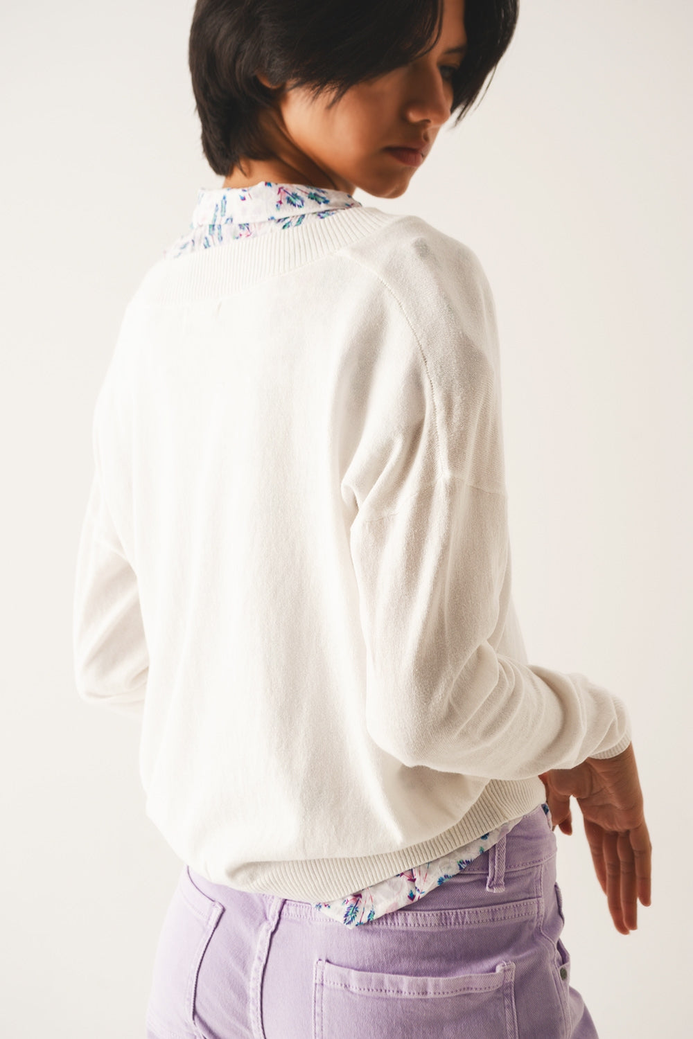 v neck fine knit sweater in cream - Szua Store