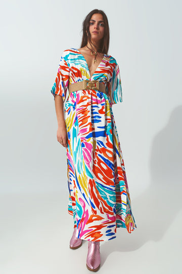Q2 V Neck Maxi Dress with Multicolor Print