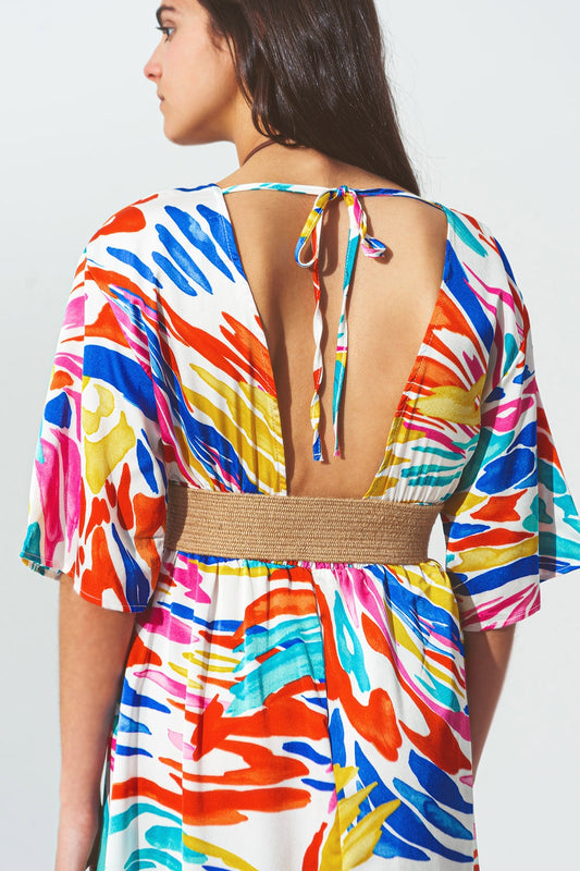 V Neck Maxi Dress with Multicolor Print - Szua Store