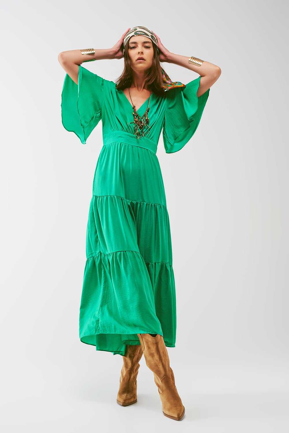 Q2 V Neck Maxi Smock Dress in Green