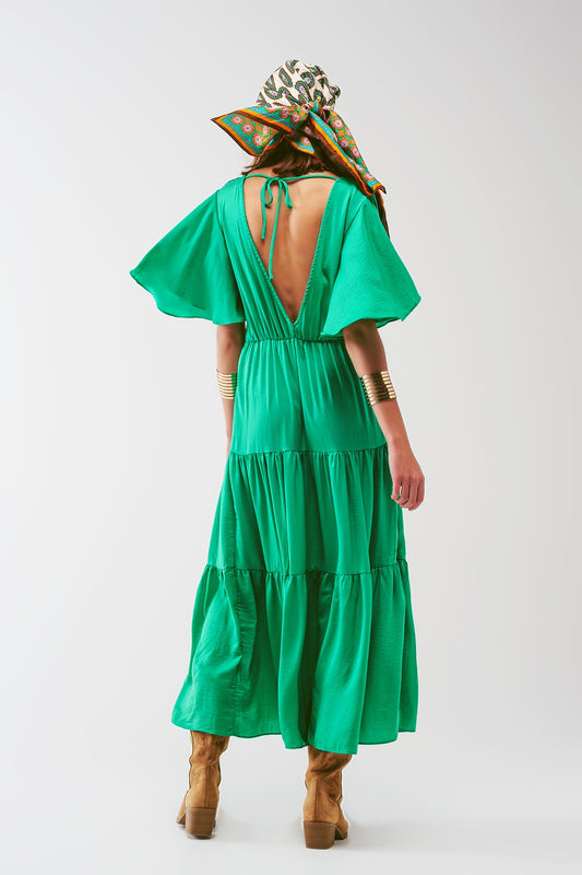 V Neck Maxi Smock Dress in Green - Szua Store