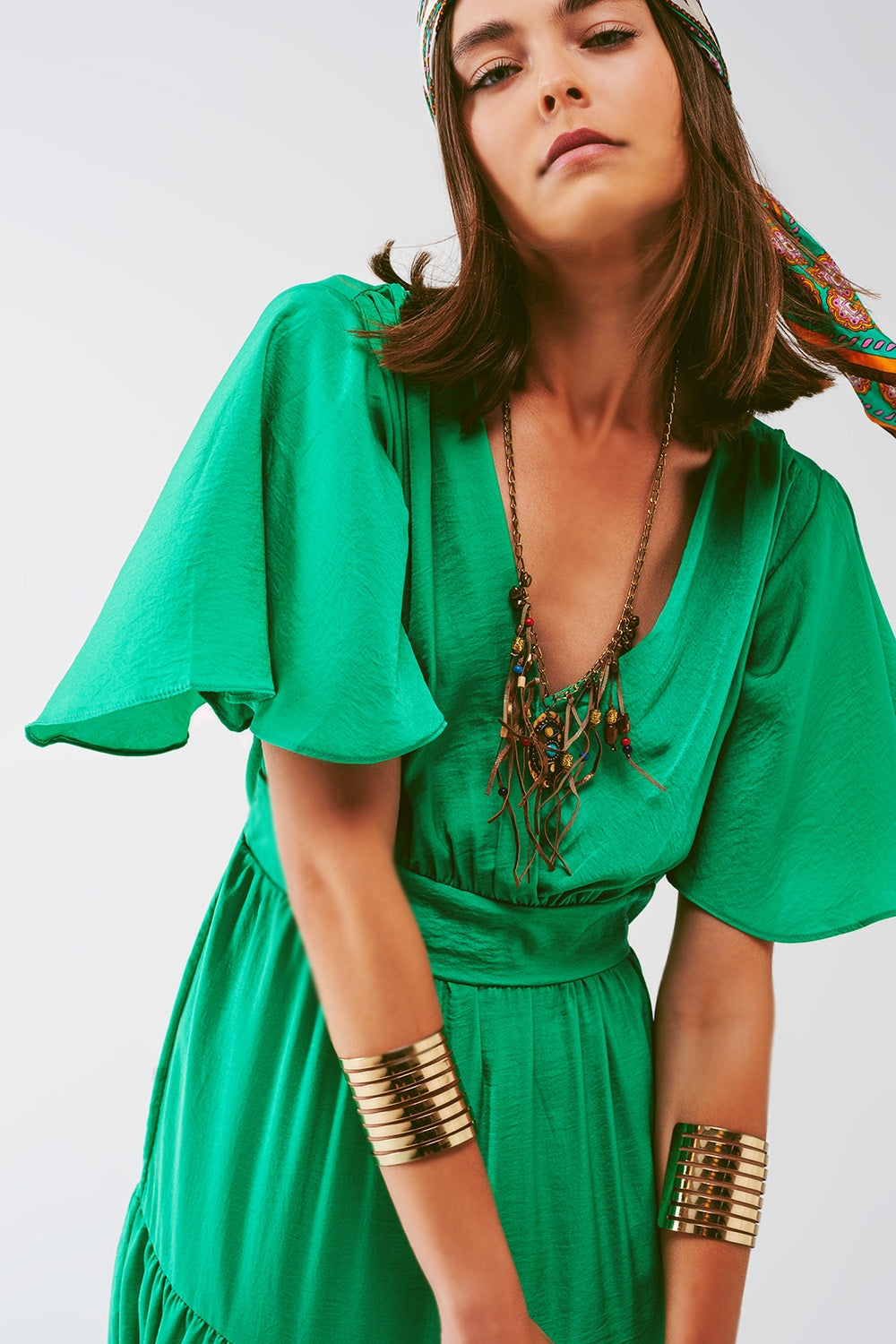 V Neck Maxi Smock Dress in Green - Szua Store