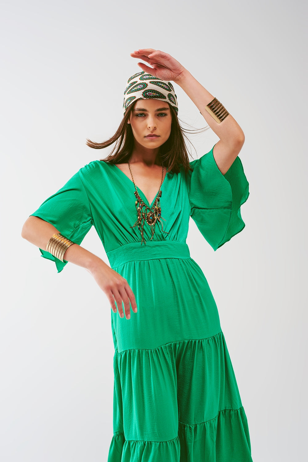 V Neck Maxi Smock Dress in Green - Szua Store