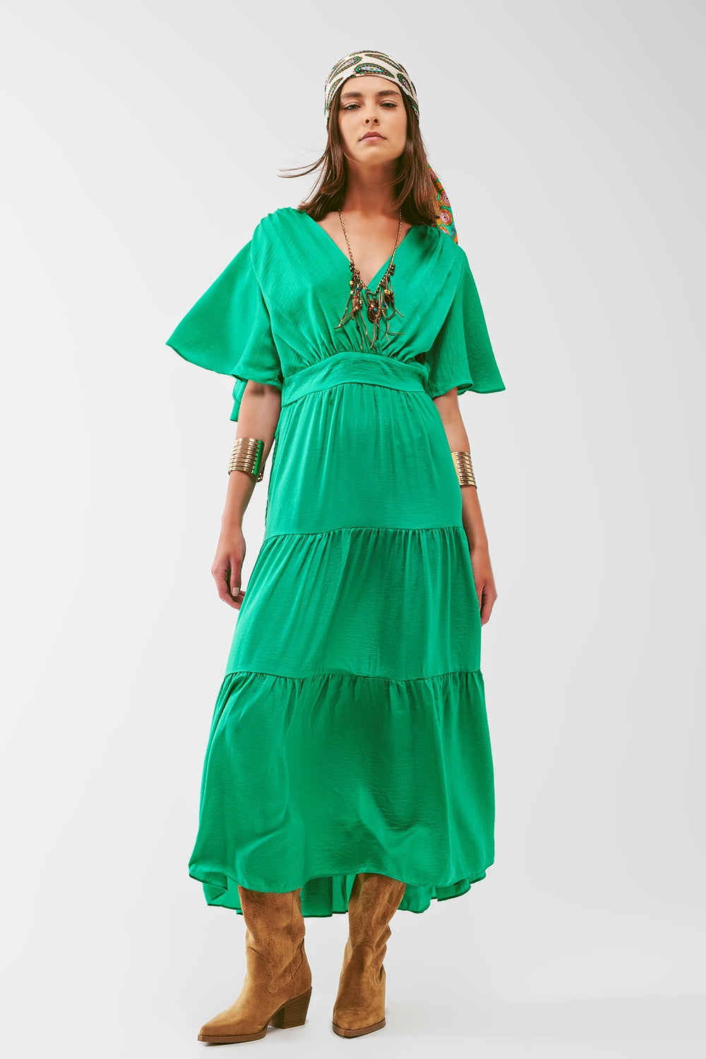 V Neck Maxi Smock Dress in Green - Szua Store