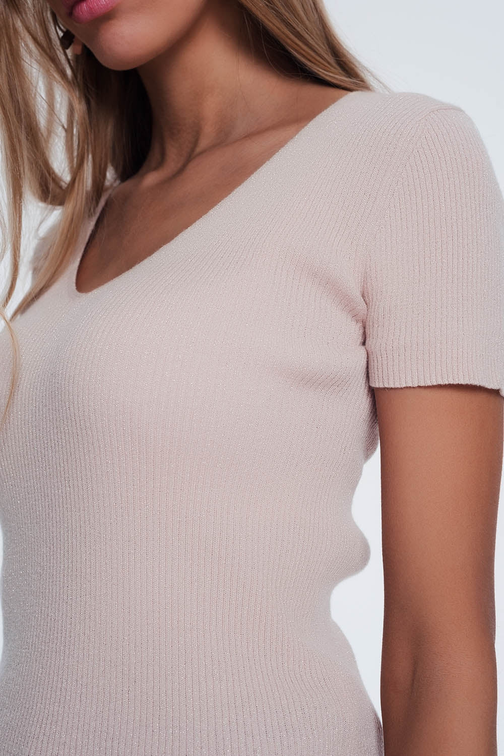 v neck short sleeve jumper in fine knit rib pink Szua Store
