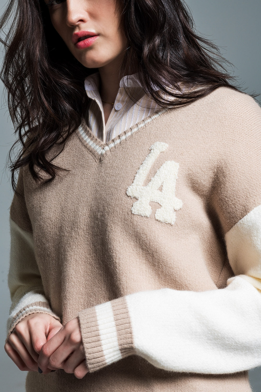 Varsity Style Sweater With LA Embroidered in Beige and White