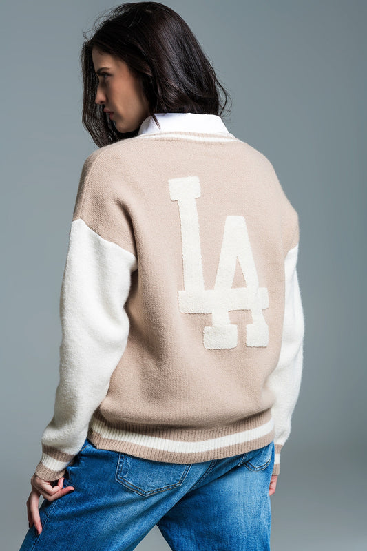 Varsity Style Sweater With LA Embroidered in Beige and White