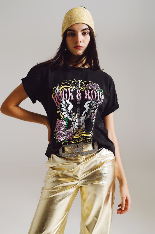 Q2 Vintage Rock and Roll Print T-shirt in Black