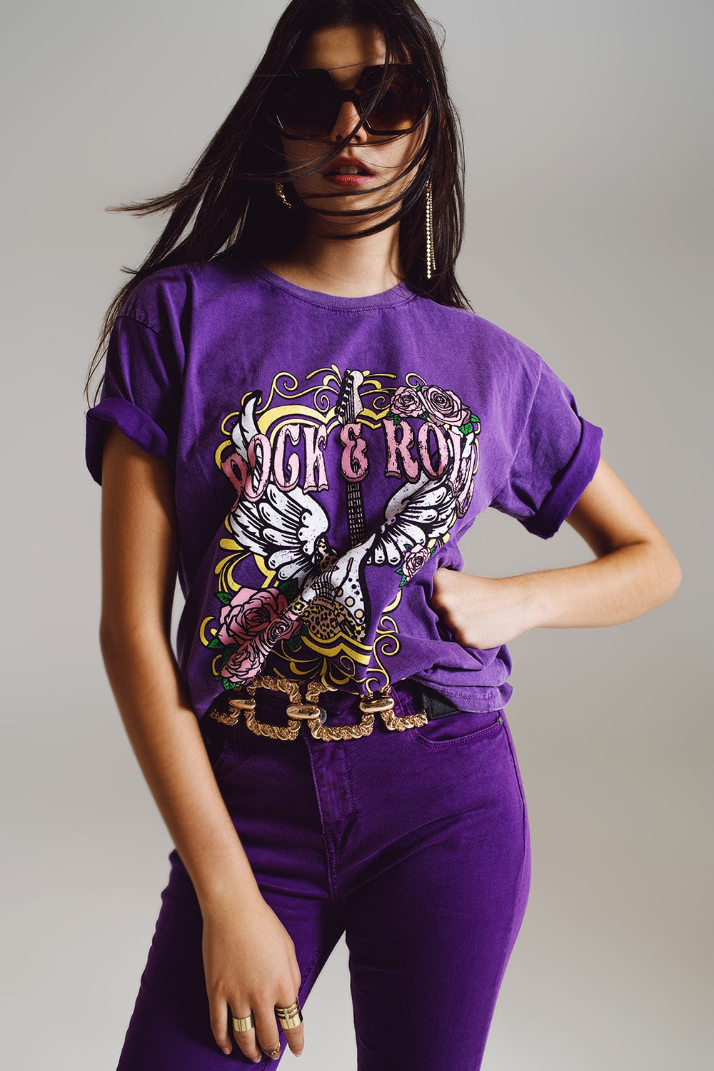Q2 Vintage Rock and Roll Print T-shirt in Purple