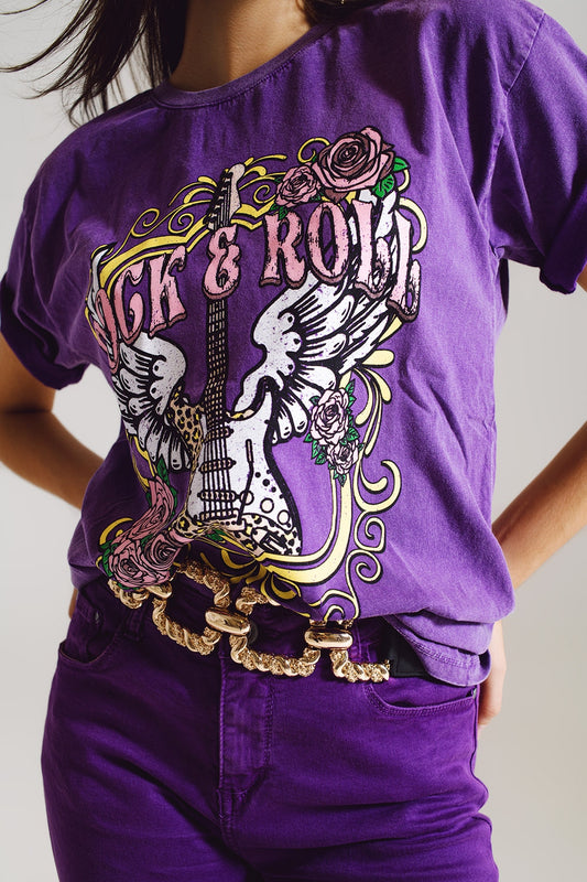 Camiseta con estampado vintage de rock and roll en color morado