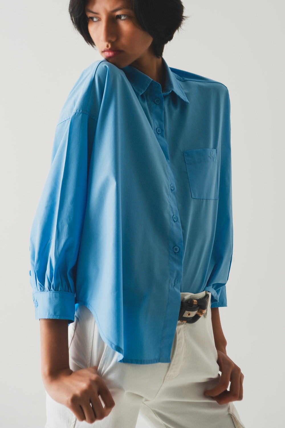 Q2 volume sleeve poplin shirt in blue