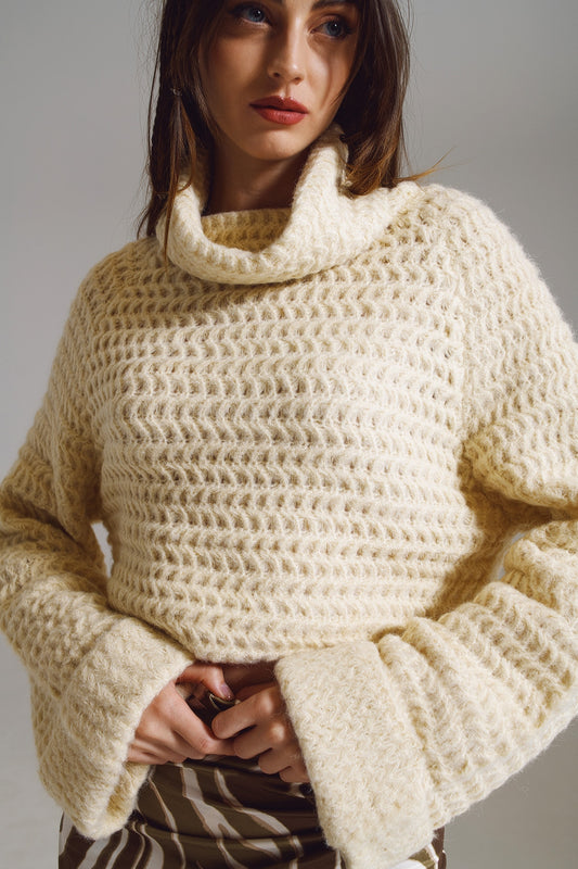 Q2 Waffle Knit Jumper With Turtle Neck and Rolled Cuffs in Cream