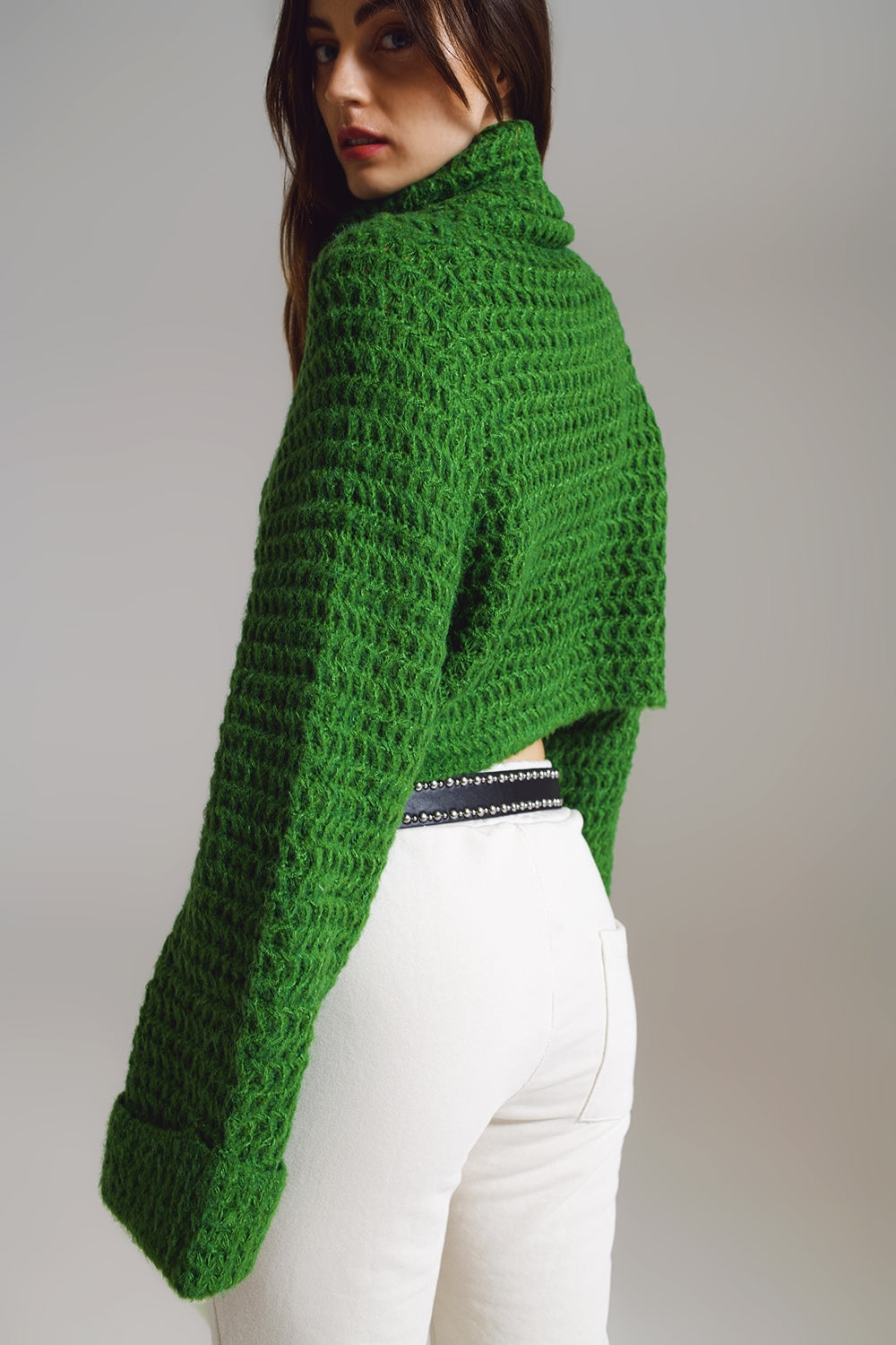 Waffle Knit Jumper With Turtle Neck and Rolled Cuffs in Green - Szua Store