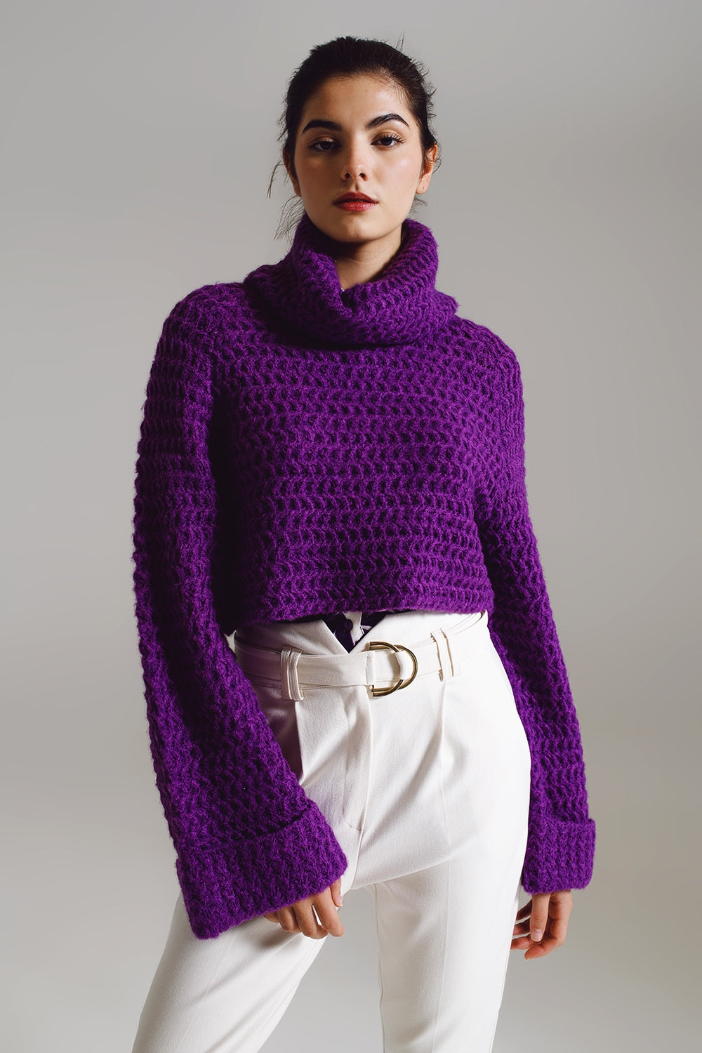 Q2 Waffle Knit Jumper With Turtle Neck and Rolled Cuffs in Purple