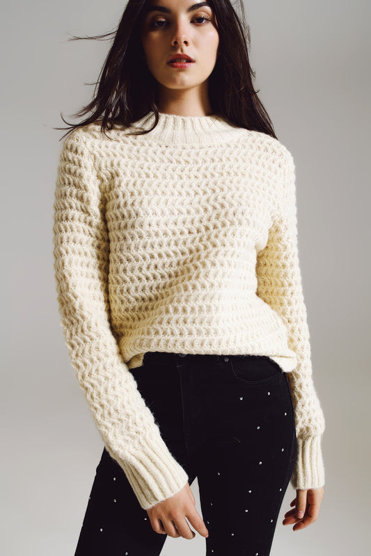 Q2 Waffle Knit Relaxed jumper With High Neck in Cream
