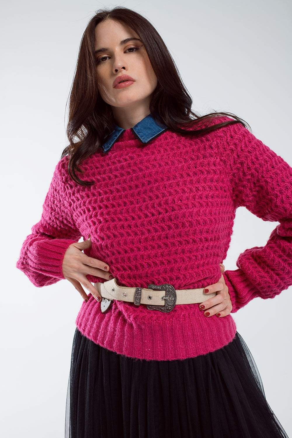 Jersey holgado de punto gofre con cuello alto en rojo