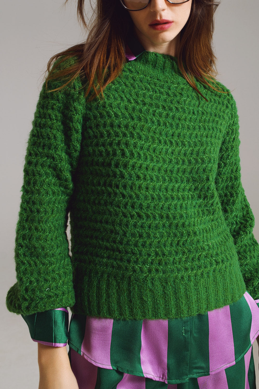 Waffle Knit Relaxed Sweater With High Neck in Green - Szua Store