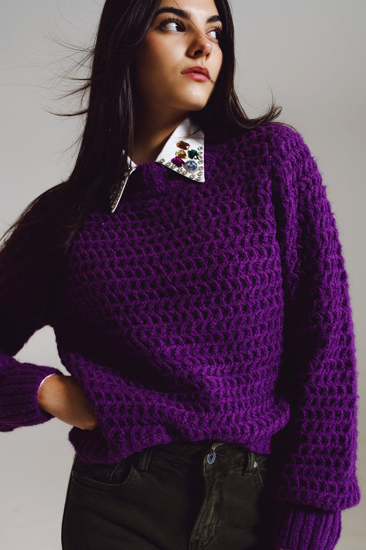 Q2 Waffle Knit Relaxed Sweater With High Neck in Purple