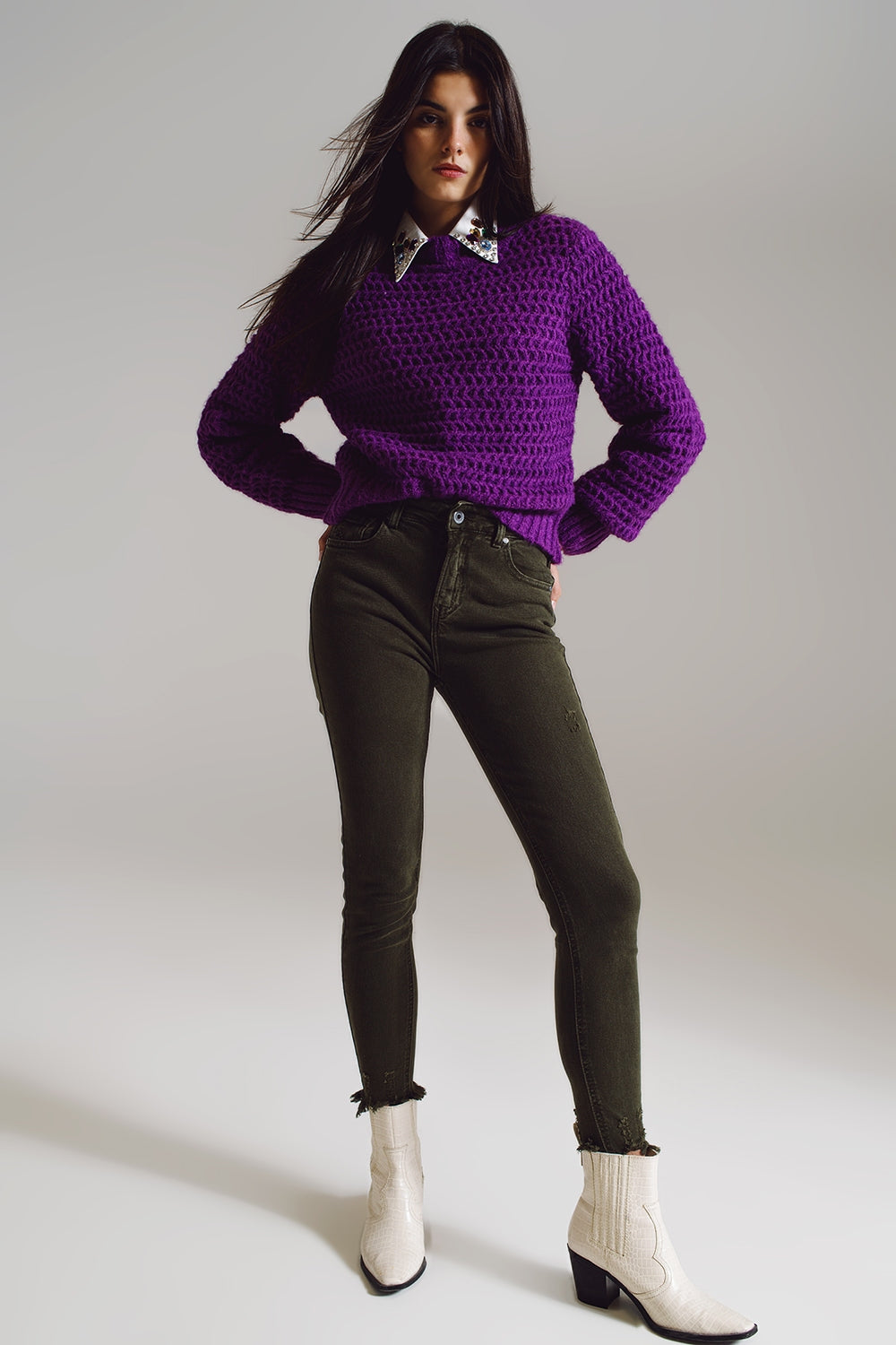 Waffle Knit Relaxed Sweater With High Neck in Purple