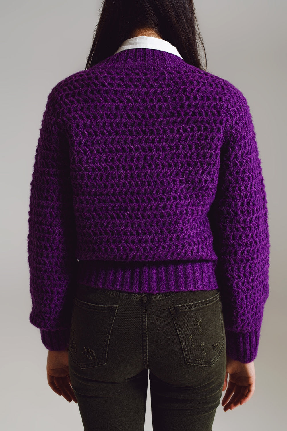 Waffle Knit Relaxed Sweater With High Neck in Purple